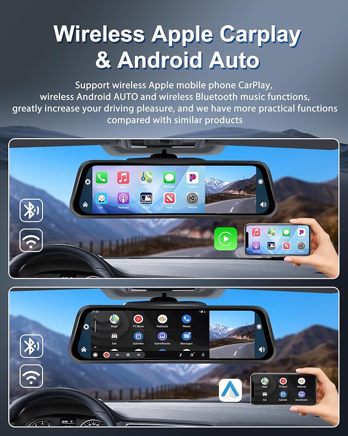 Podofo 12" Mirror Dash Cam with Wireless Carplay&Android Auto,4K Front Mirror Dash Cam with IPS Touchscreen,Support Night Vision,Voice Control,Parking Assistance,G-Sensor,24H Parking Monitor