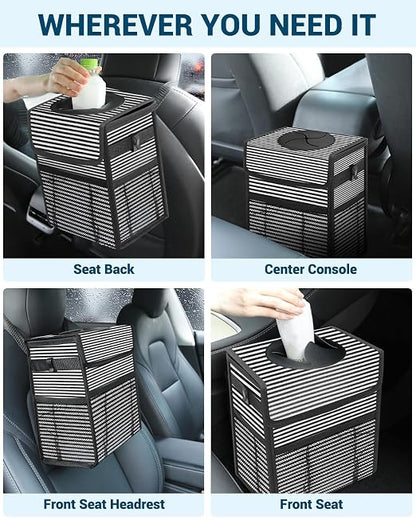Capolo Car Trash Can with Lid, Leakproof Car Trash Bag Hanging Waterproof Automotive Garbage Can with Storage Pockets Mini Vehicle Trash Bin for Back/Front Seat(Stripe,2.5 Gallon)