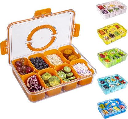 WACOI Divided Snack Serving Tray with Lid and Handle Travel Snackle Charcuterie Container Portable Storage Organizer for Candy, Fruits, Nuts, Snacks, Party, Picnic (1pack, Orange)