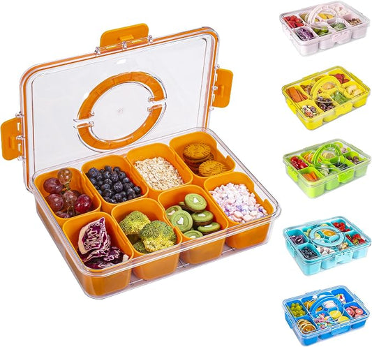 WACOI Divided Snack Serving Tray with Lid and Handle Travel Snackle Charcuterie Container Portable Storage Organizer for Candy, Fruits, Nuts, Snacks, Party, Picnic (1pack, Orange)