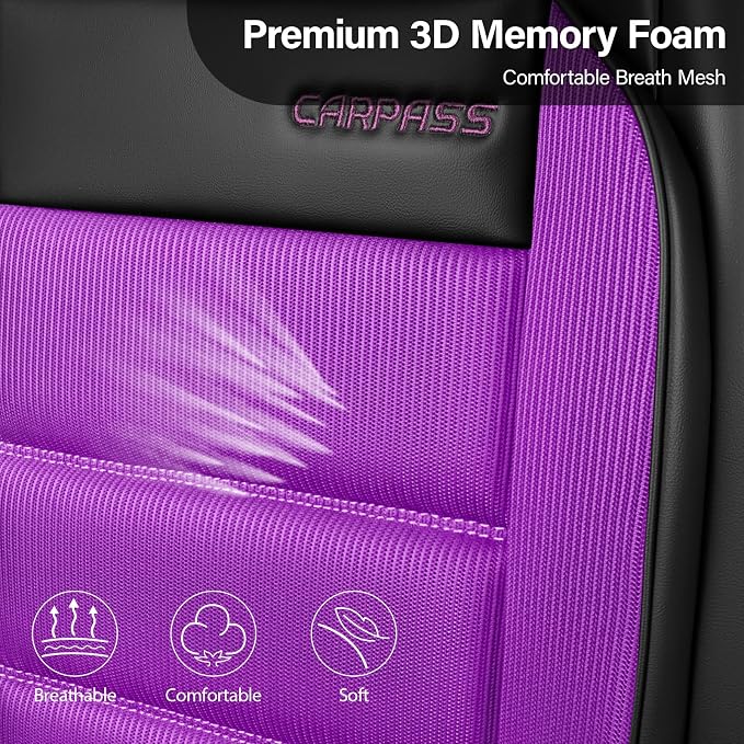 CAR PASS Memory Foam Seat Covers Full Sets, Airy Cool Mesh Thick Car Seat Covers Women, Leather Car Seat Covers 5 Seats Airbag Compatible, Universal Automotive Comfort for Cars, Trucks, SUV, Purple