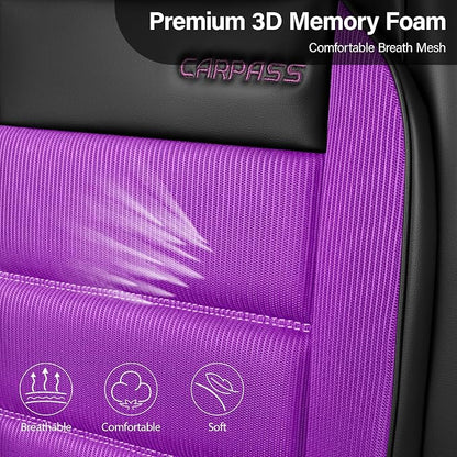 CAR PASS Memory Foam Seat Covers Full Sets, Airy Cool Mesh Thick Car Seat Covers Women, Leather Car Seat Covers 5 Seats Airbag Compatible, Universal Automotive Comfort for Cars, Trucks, SUV, Purple