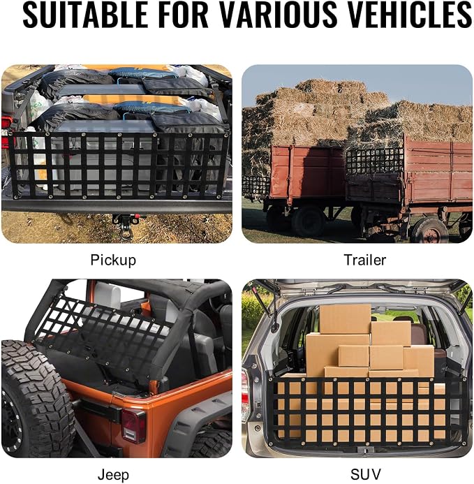 VEVOR Tailgate Net, 60 in x 18 in, Truck Bed Extender Tailgate Cargo Net with 4 Adjustable Buckle Straps, Extendable & Durable, Suitable for Truck, Trailer, Pickup, SUV