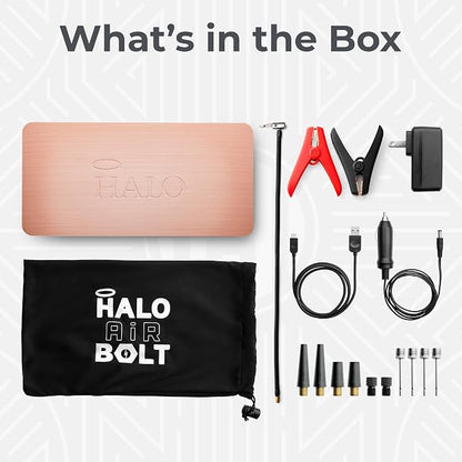 HALO Bolt Air 58830 Portable Car Battery Jump Starter | 100 PSI Air Compressor, 58.8Wh USB Power Bank, Emergency Floodlight & Charger, Jump Cars SUVs & Trucks, Inflate Tires, TSA Approved — Rose Gold