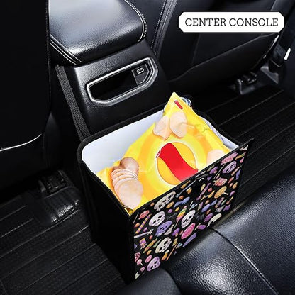 Car Trash Can Organizer Bin with Adjustable Strap for Back Front Seat Console Waterproof Leakproof Collapsible Portable 11 Inch Halloween Skulls Lollipops Candies