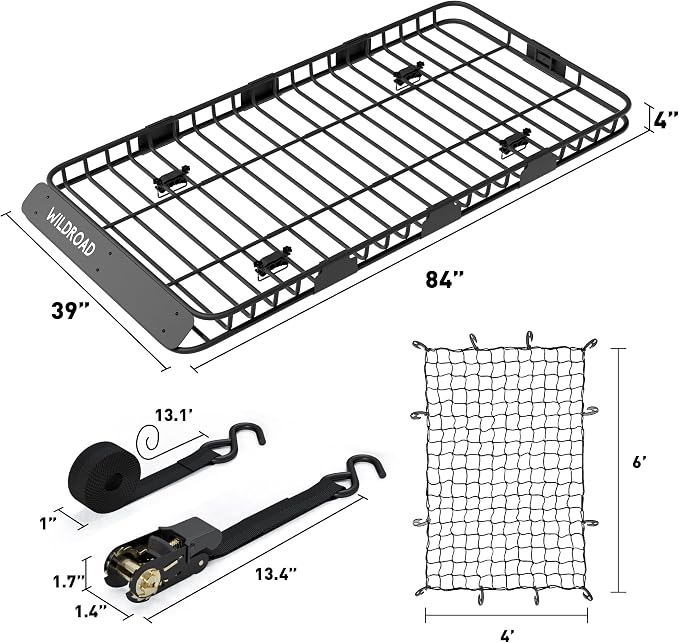 Wildroad Car Roof Cargo Carrier Combo - Upgraded 84"x 39"x 4" Roof Rack Basket, Super Duty Bungee Net. Universal Car Top Luggage Holder Fits SUV, Truck, Cars