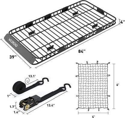 Wildroad Car Roof Cargo Carrier Combo - Upgraded 84"x 39"x 4" Roof Rack Basket, Super Duty Bungee Net. Universal Car Top Luggage Holder Fits SUV, Truck, Cars