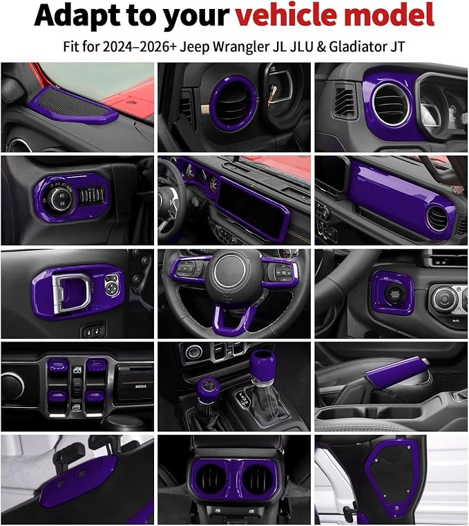 JWWY Interior Trim Kit Full Set Dress-Up Decor Set Center Console Gear Shift Dashboard Panel,Door Window Switch Knob Speaker Cover Trim for 2024–2026 Jeep Wrangler JL JLU & Gladiator JT Purple 28pcs