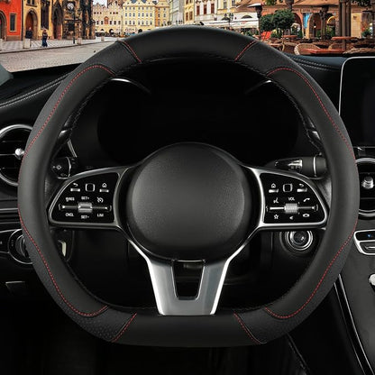 Microfiber Leather D Shaped Steering Wheel Cover, Breathable, Anti Slip, Universal 15 inch, Black