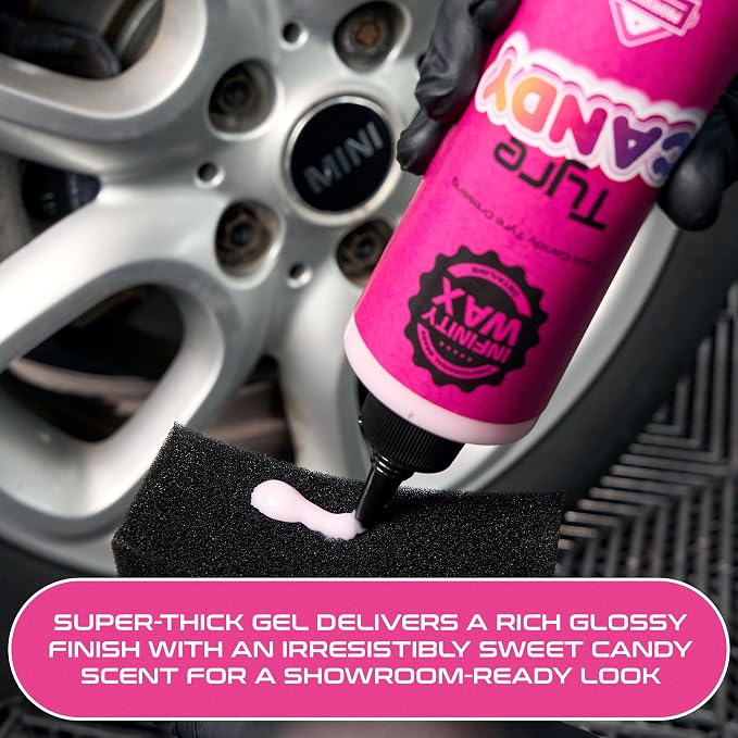 Infinity Wax Tire Candy 1L Shiny Hoop Gel Candy Scent Thick Water Based Silicone Free Tyre Dressing, Strapless OEM Look, Large Size for Detailer