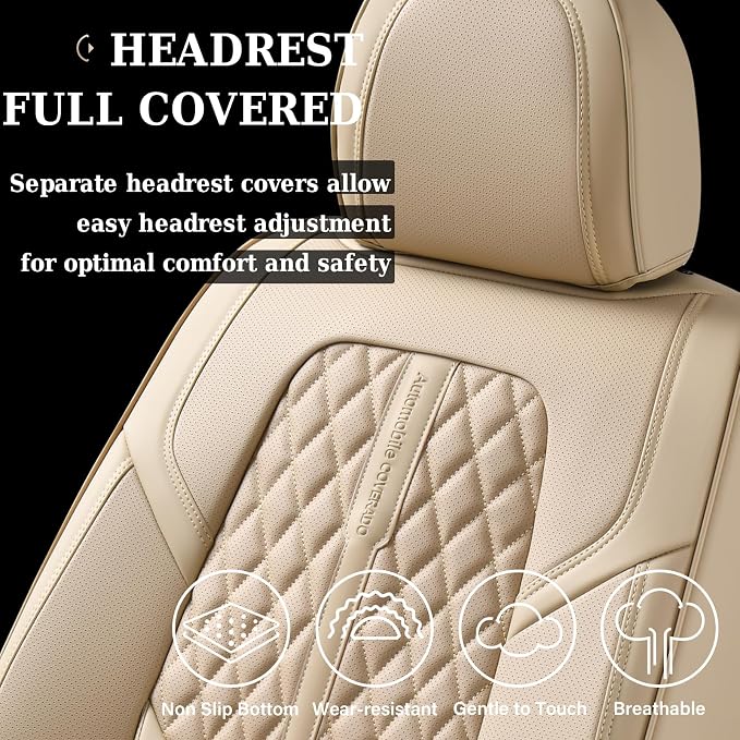 Coverado Seat Covers, Car Front Seat Covers with Backrest, Nappa Leather Car Seat Protectors,Waterproof &Breathable,Anti-Slip Automotive Seat Cushion, Universal Fit for Most Vehicles,2Pcs Beige