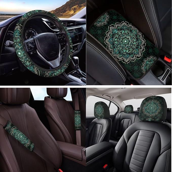 14 Pcs Green Mandala Car Seat Covers with Steering Wheel Cover,Seat Belt Covers Cup Holder with Keychain,Novelty Automotive Protector Set Universal Fit Cars SUV Truckss,Green