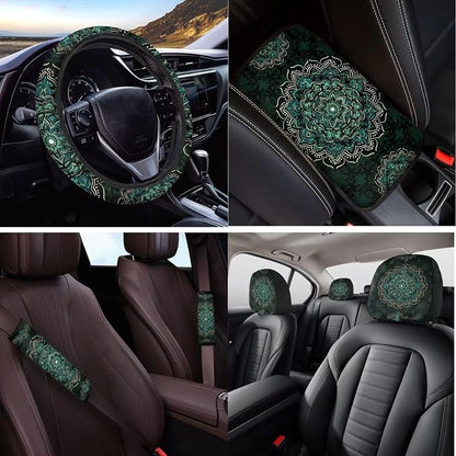 14 Pcs Green Mandala Car Seat Covers with Steering Wheel Cover,Seat Belt Covers Cup Holder with Keychain,Novelty Automotive Protector Set Universal Fit Cars SUV Truckss,Green