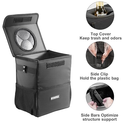 Ryhpez Car Trash Can with Lid - Leakproof Garbage Bin Car Organizer Bag, Foldable Vehicle Trash Bin with Structure Support, Automotive Truck Accessories for Women & Men (2 Gallon/7.5L)