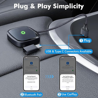 Travel Depot Wireless CarPlay Adapter for iPhone, Converts Wired to Wireless Adapter CarPlay, Plug & Play for Apple Car Play, Fast Auto Connect Bluetooth Dongle Car Streaming Device, Fits 800+ Models