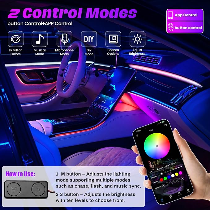 Acrylic Interior Car LED Strip Lights, Dreamcolor 10-in-1 Car Ambient Lighting Kit, with APP Control, 622 LED Fiber Optic Strip Lights for Cars, Supports Neon Sync with Music DIY Mode