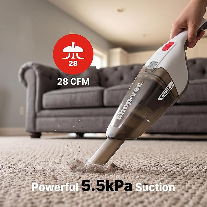 Shop-Vac Wet/Dry Handheld Vacuum Cordless, Powerful Portable Car Vacuum Rechargeable, Wall-Mounted Hand Vac with Crevice Tool, Lightweight Hand Vacuum for Home & Car, Washable Filter, White