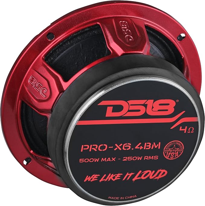 DS18 PRO-X6.4BM Loudspeaker - 6.5", Midrange, Red Aluminum Bullet, 500W Max, 250W RMS, 4 Ohms - Premium Quality Audio Door Speakers for Car or Truck Stereo Sound System (1 Speaker)