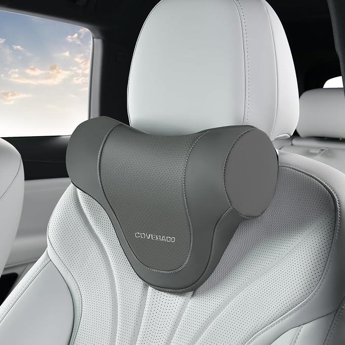 Coverado Car Headrest Pillow, Ergonomic Memory Foam Car Neck Pillow for Driving Seat with Adjustable Strap, Soft PU Leather Breathable Removable Cover Neck Support for Neck Pain Relief