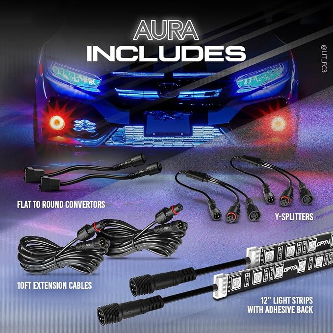 OPT7 Aura Single Row Expansion Pack - 2pc 12” RGB Multicolor LED Strips w/Splitters and Extension Wires for Interior, Wheel Well, Grille, Golf Cart, Car, Boat Underglow Lights