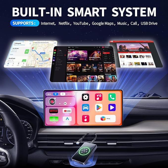 TDT 4-in-1 Wireless CarPlay Adapter& Android Auto Wireless Adapter, Magic Video Box Stream Netflix, YouTube, Disney+，HDMI Output, USB Drive & TF Card Support Upgrade OEM Wired CarPlay (4+32GB)