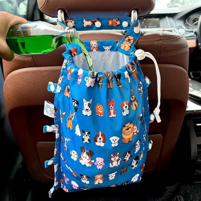 Leak-Proof Waterproof Car Trash Bag Foldable Multipurpose Trash bin Container Storage Cute Grocery Organizer Bag for Automotive Front or Back Seat in Cars SUVs and Trucks (Dog Family)