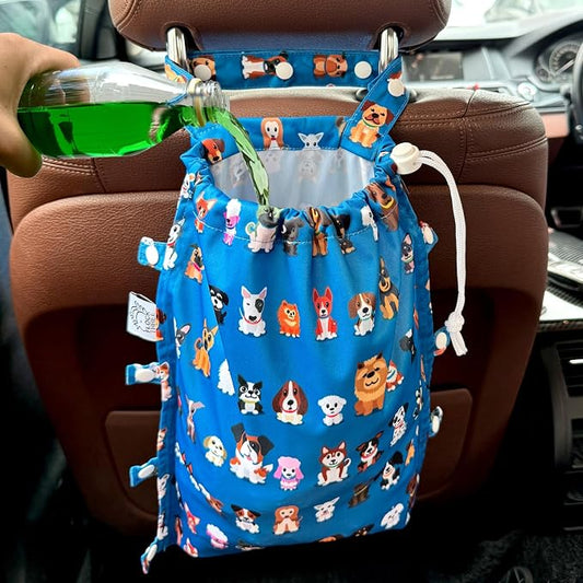 Leak-Proof Waterproof Car Trash Bag Foldable Multipurpose Trash bin Container Storage Cute Grocery Organizer Bag for Automotive Front or Back Seat in Cars SUVs and Trucks (Dog Family)