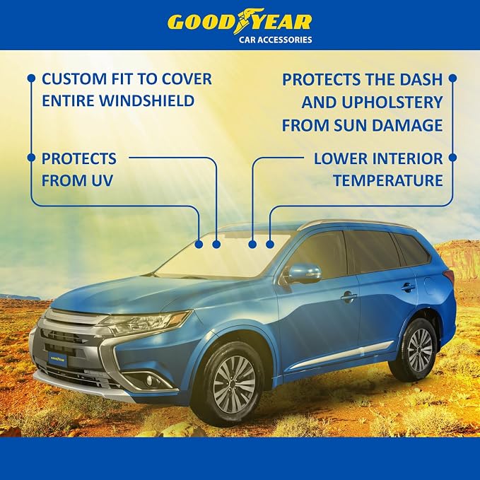 Goodyear Foldable Windshield Sunshade for Mitsubishi Outlander 2014-2021, SUV car Accessories, Sunshade Cover, Sun Shade Car Windshield, Window Sun Blocker - GY008365