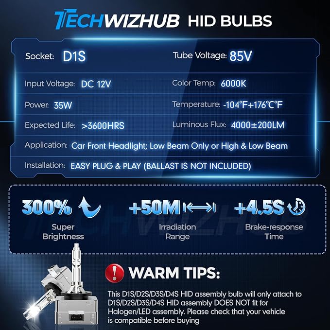 D1S Xenon HID Bulbs, 6000K 35W Cool White High/Low Beam 66144 66140 85140 85415 Replacement Bulb, Easy Installation, Pack of 2