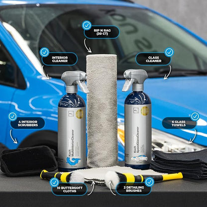The Rag Company - Complete Interior Kit - Includes Glass & Car Interior Cleaners, Brushes, Rags, Buttersoft Cloths, Glass Towels, Scrubbers - 24 Item Set