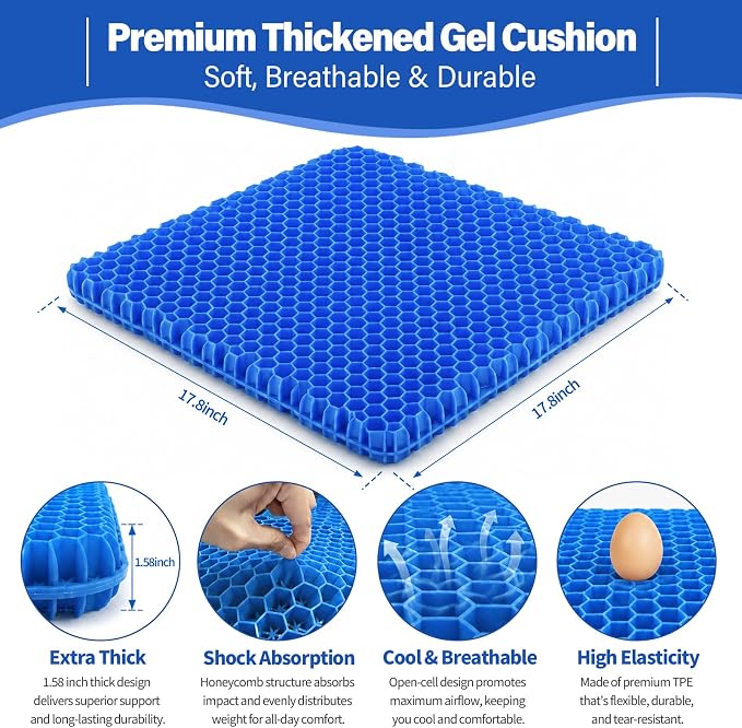 Gel Seat Cushion for Long Sitting – Double-Layer Honeycomb Cooling Chair Pad, Thick Supportive Gel Cushion with Breathable Non-Slip Cover for Office Chair, Car, Wheelchair & Long Sitting（Blue）