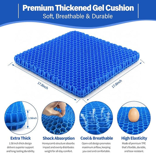 Gel Seat Cushion for Long Sitting – Double-Layer Honeycomb Cooling Chair Pad, Thick Supportive Gel Cushion with Breathable Non-Slip Cover for Office Chair, Car, Wheelchair & Long Sitting（Blue）