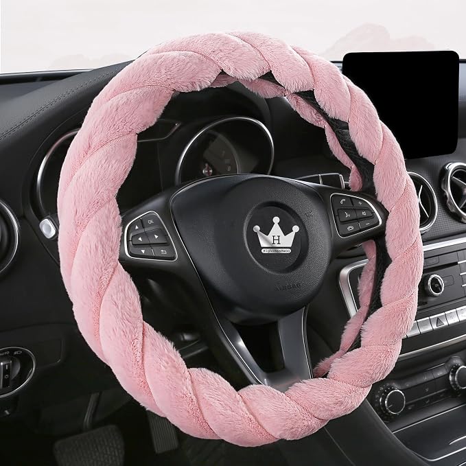 HighnessHwoo Luxury Fluffy Winter Car Steering Wheel Cover for Women Soft Warm Plush Cute Auto Accessories for Vehicle, Sedan, Universal, Fuzzy, Anti Slip, Pink, Standard Size, 14.75-15.15"