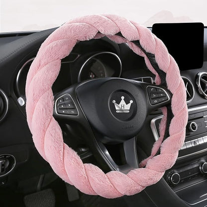 HighnessHwoo Luxury Fluffy Winter Car Steering Wheel Cover for Women Soft Warm Plush Cute Auto Accessories for Vehicle, Sedan, Universal, Fuzzy, Anti Slip, Pink, Standard Size, 14.75-15.15"