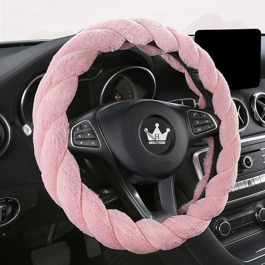 HighnessHwoo Luxury Fluffy Winter Car Steering Wheel Cover for Women Soft Warm Plush Cute Auto Accessories for Vehicle, Sedan, Universal, Fuzzy, Anti Slip, Pink, Standard Size, 14.75-15.15"