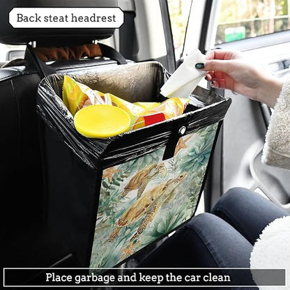 Car Trash Can Organizer Bin with Adjustable Strap for Back Front Seat Console Waterproof Leakproof Collapsible Portable 8.66 Inch Sea Turtle Starfish Plants