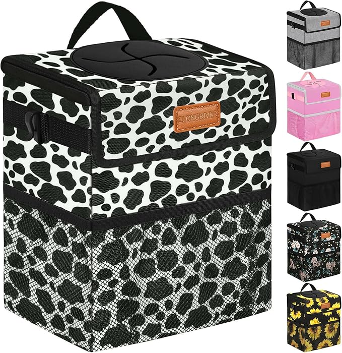 ELONGRIVER Car Trash Can Bin for Back Seat Leak Proof, Cute Car Trash Bag Hanging, Vehicle Trash Can for SUV Truck Van, Automotive Garbage Cans Front Seat Cow Print
