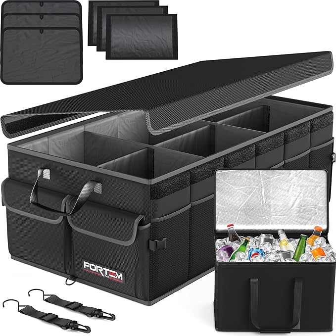 FORTEM Trunk Organizer with Cooler For SUV Car Trunk, Foldable Storage, Car Accessories for Women Men, Collapsible Bag, 600D Oxford, Non Slip Bottom, Straps, Soft Cover (105L)
