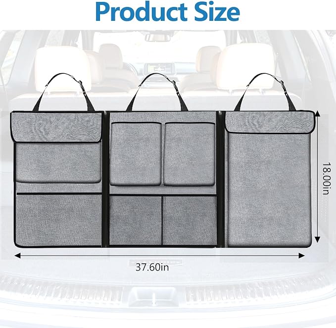 Hovom Car Trunk Organizer, Large Capacity Trunk Organizer for SUV, Detachable Vehicle Seat Back Hanging Storage Organizer with Zippers, Waterproof Car Storage Bag with 7 Pockets (Gray)