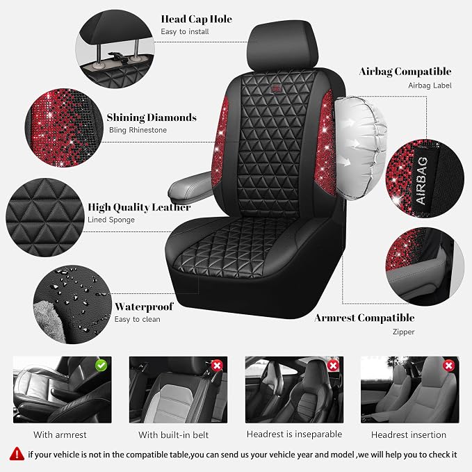 CAR PASS Bling Diamond Black Red Leather Car Seat Covers Full Set, Waterproof Shining Glitter Sparkly Crystal Universal Armrest Fit Automotive Truck SUV Women Girl, Rhinestone Interior Cover Set, Red