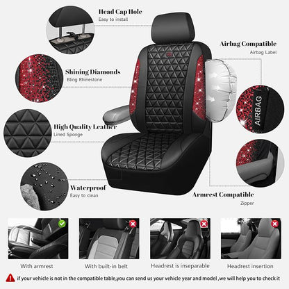 CAR PASS Bling Diamond Black Red Leather Car Seat Covers Full Set, Waterproof Shining Glitter Sparkly Crystal Universal Armrest Fit Automotive Truck SUV Women Girl, Rhinestone Interior Cover Set, Red