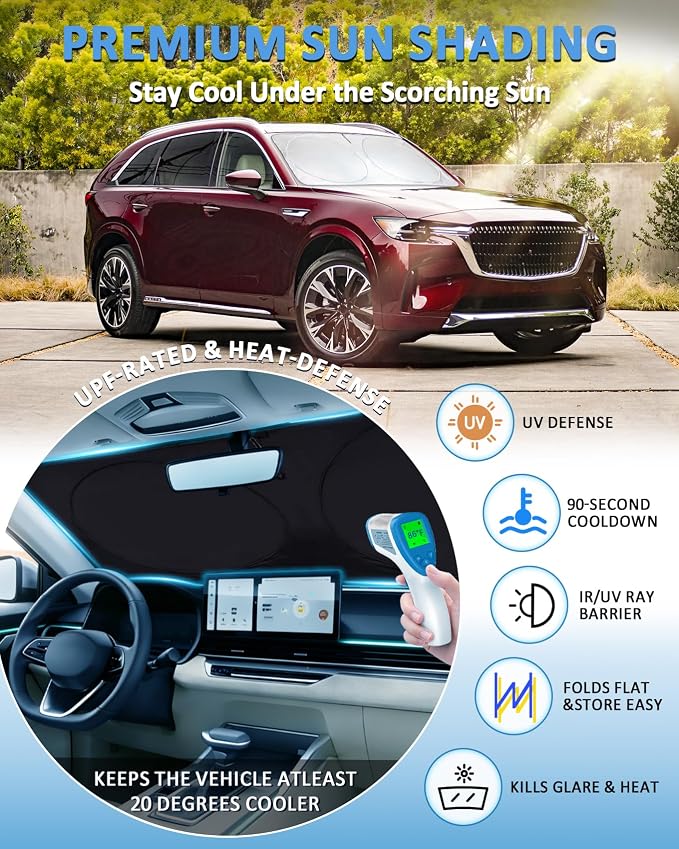 Sun Shade for CX9 Windshield Sunshade Custom Fit Mazda CX-9 2016-2025 CX9 Accessories Foldable Front Window Cover UV Bloker Sun Visor Sunscreen Protector