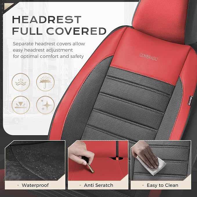 Coverado Car Seat Covers Front Seats, Luxury Leather Car Seat Covers, Automotive Mesh Seat Covers 2 Pack, Airbag-Compatible, Black Red Seat Covers for SUV Sedan Truck