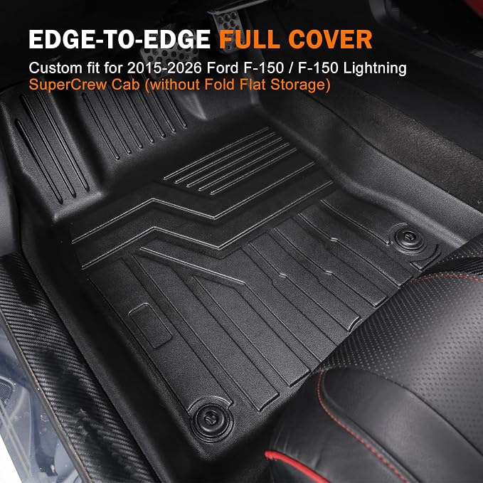 KUST Floor Mats for 2015-2026 Ford F-150/F150 Lightning SuperCrew Cab (Only for Rear Seat Without Under-Seat Fold Flat Storage), All Weather Car Mats for F150 Accessories TPE Rubber Raised Edge