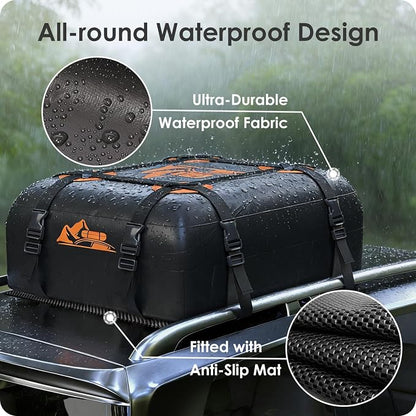 Car Rooftop Cargo Carrier Bag 15 Cubic Feet, 100% Waterproof Heavy Duty Car Roof Bag for All Vehicle with/Without Racks - Anti-Slip Mat, 4 Door Hooks, Storage Bags, 4PCS 3.8CM Straps(Orange)