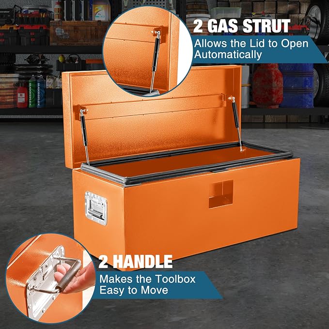 Black Steel Underbody Truck Box, Pickup Storage Box, Heavy Duty Diamond Plate Tool Box with Lock and Keys, Waterproof Trailer Storage Box (30"- Orange)