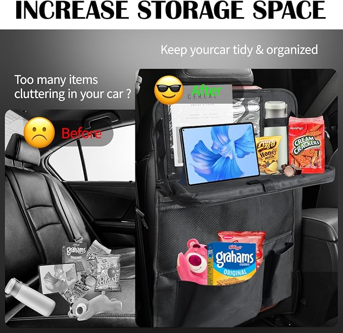 Car Backseat Organizer with Tablet Holder, 9 Storage Pockets with Foldable Food Tray, Kick Mats Back Seat Cover for Kids Road Trip Essentials Travel (1 Pack)