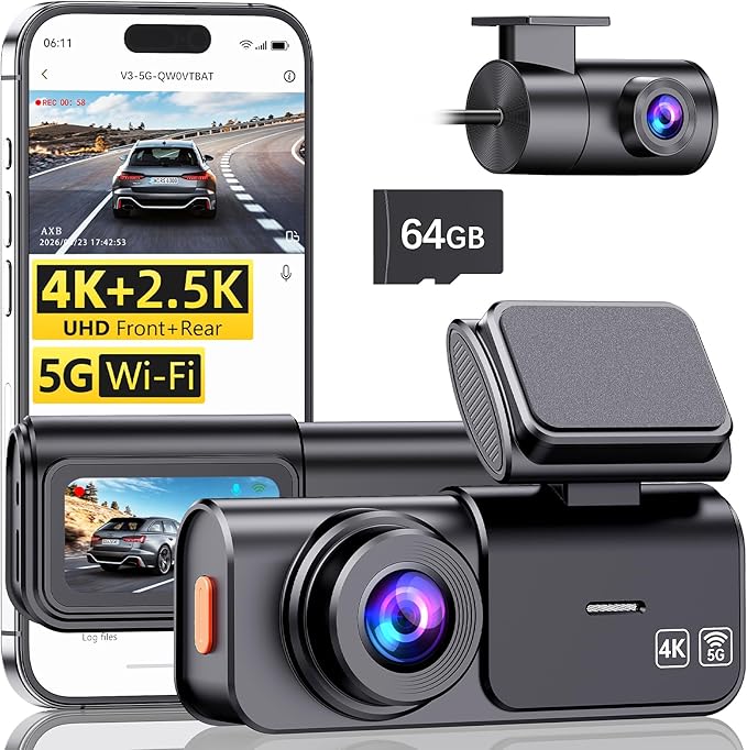 AXB Dash Cam Front and Rear: 4K+2.5K Dashcam with 5G WiFi APP Control & 64GB Card - Dual Dash Camera for Cars with 24H Parking Mode Night Vision Loop Recording Emergency Lock (V3)