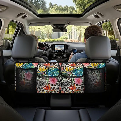 Leopard Print Hanging Car Organizer Collapsible Cargo Storage Bag with 4 Pockets Automotive Interior Cargo Organization Storage Bag Accessories for Cars,SUV,Sedan