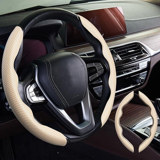 WOCOCN 2pcs Car Steering Wheel Cover,Anti-Skid Carbon Fiber Steering Wheel Protector for Men Women,Multiple Color Options,Universal for Most Car Interiors Accessories (Beige)